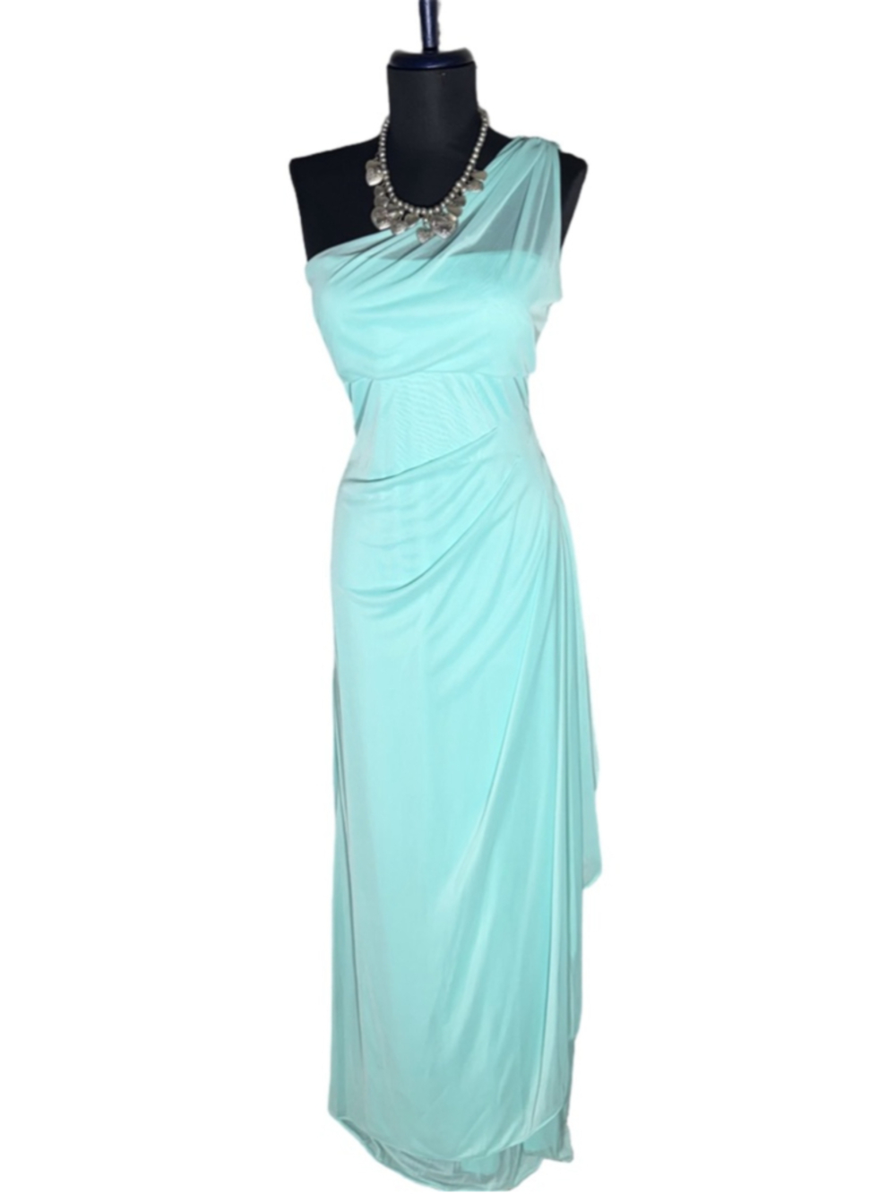 David's Bridal maxi formal dress one shoulder aqua chiffon layered prom party 6